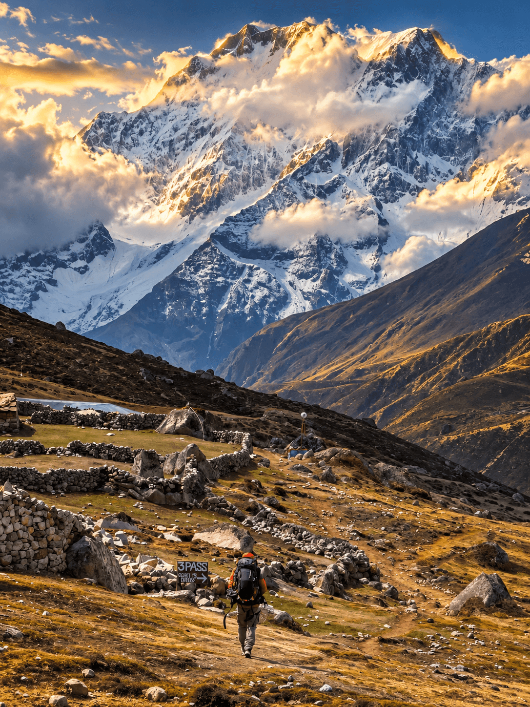 A trekker walking toward a sunlit Himalayan mountain pass